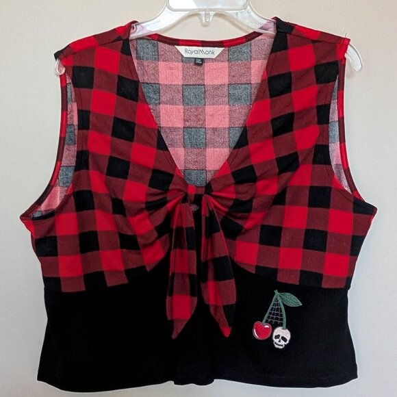 Royal Monk Tops - Royal Monk 3X buffalo plaid v-neck crop top skull cherry spiderweb EUC
